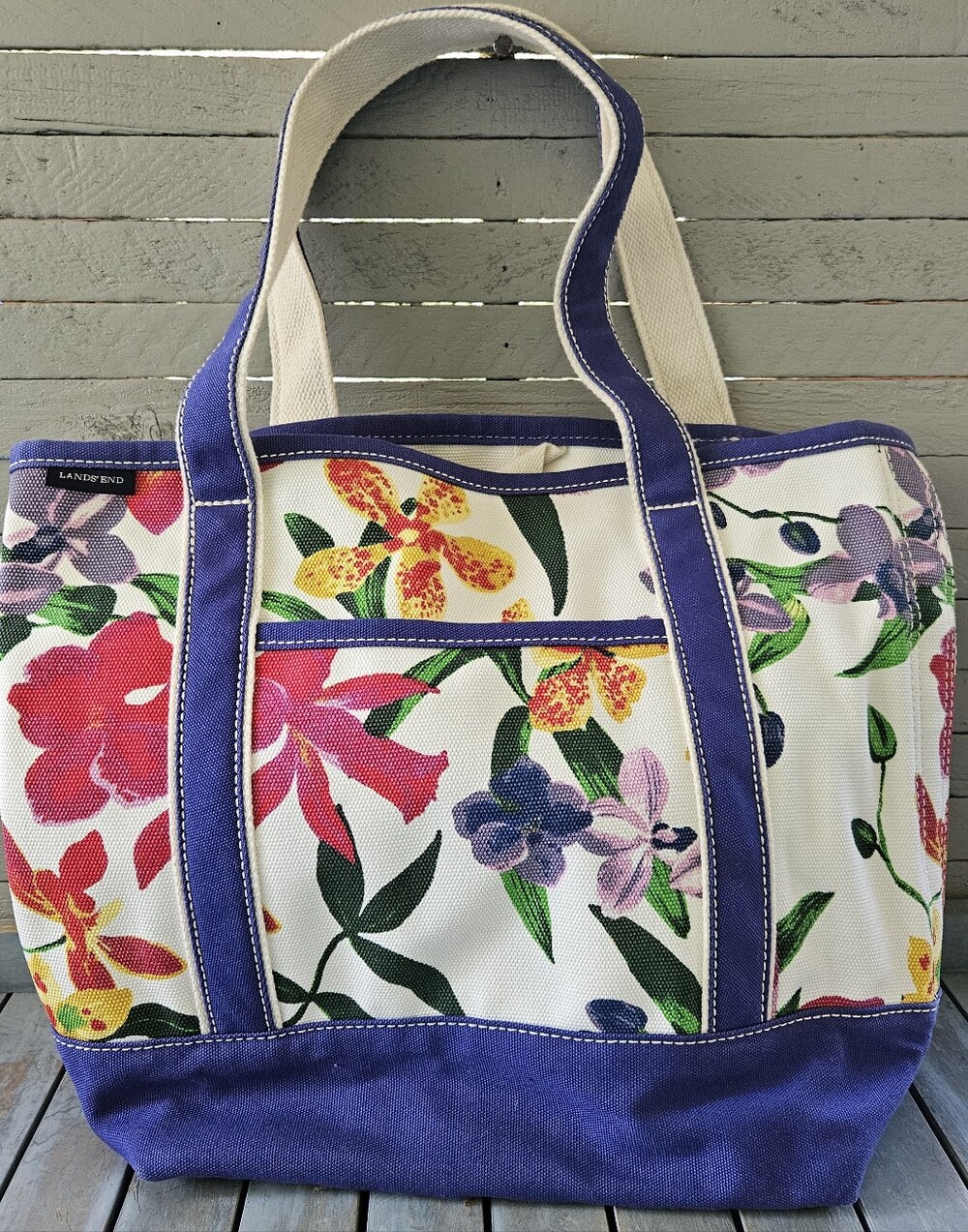 LANDS' END 5 Pocket Open Top Canvas Tote Bag Floral